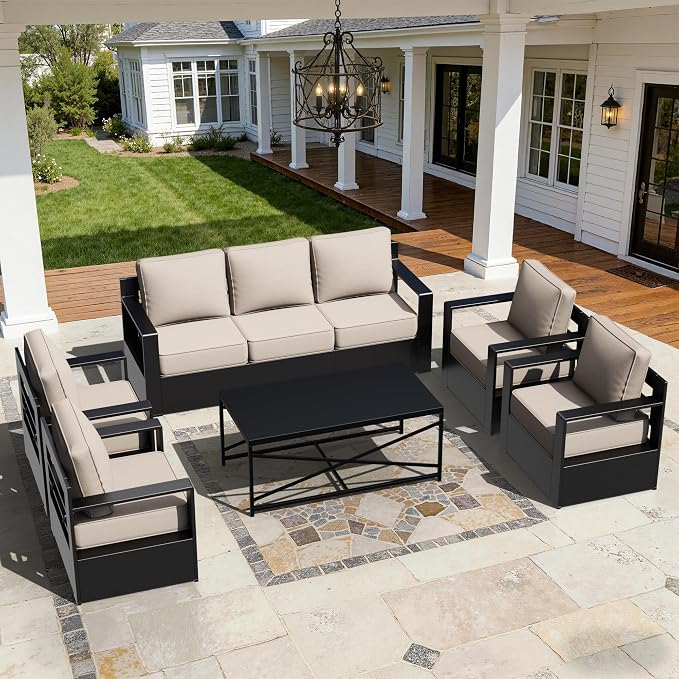 Outdoor Aluminum Furniture Set, 6-Piece Patio Conversation Set, 4 Chairs 1 Sofa and 1 Table, All-Weather Metal Frame, 6" Thick Removable Cushions, Deep Setting for Garden, Poolside and Porch