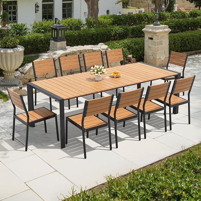 11 Pieces Outdoor Patio Dining Set, 95" Aluminum Table and Stackable Chairs | Adjustable Umbrella Hole & Wood Grain Tabletop for Garden, Patio, Backyard (Brown)