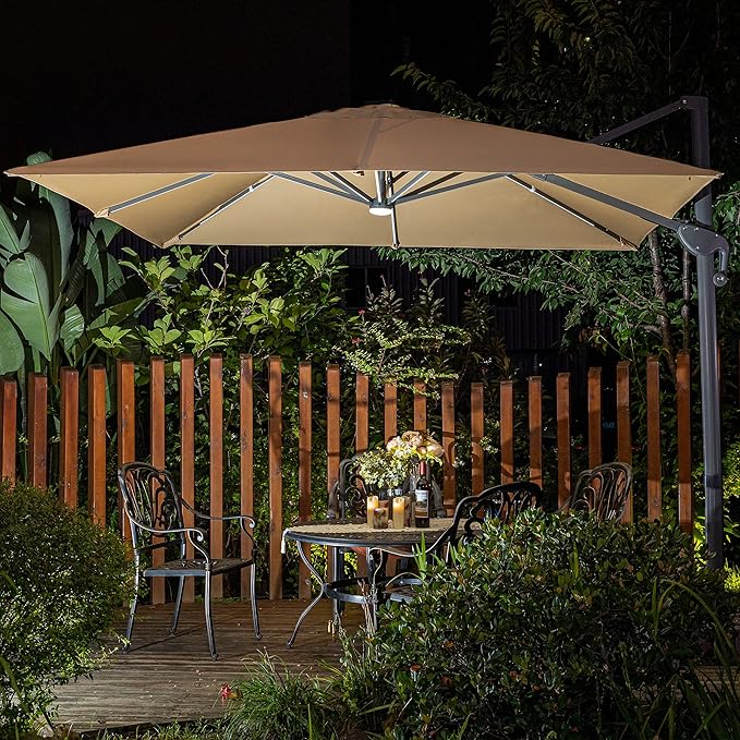 Sunnyglade 10x10ft Solar Powered LED Cantilever Patio Umbrella Square Deluxe Offset Umbrella 360°Rotation & Integrated Tilting System & LED lights for Market Garden Deck Pool Backyard Patio