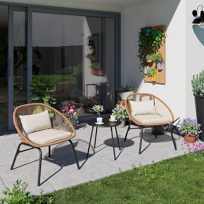 LAUSAINT HOME 3-Piece Outdoor Patio Set, All-Weather Wicker Rattan, Conversation Bistro Set with 2 Deep Seating Chairs & Coffee Table for Garden, Deck, Balcony, Porch, Backyard (Synthetic, Waterproof)