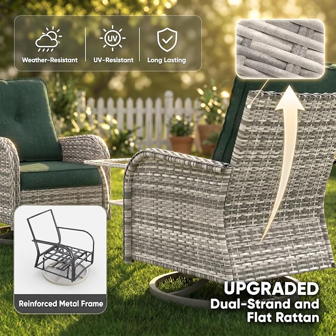12-Piece Small Patio Furniture Set, Outdoor Swivel Rocking Chairs Set with 55,000 BTU Fire Pit Table Wicker Chairs and Ottomans, Patio Bistro Set for Balcony, Deck, Porch,Dark Green