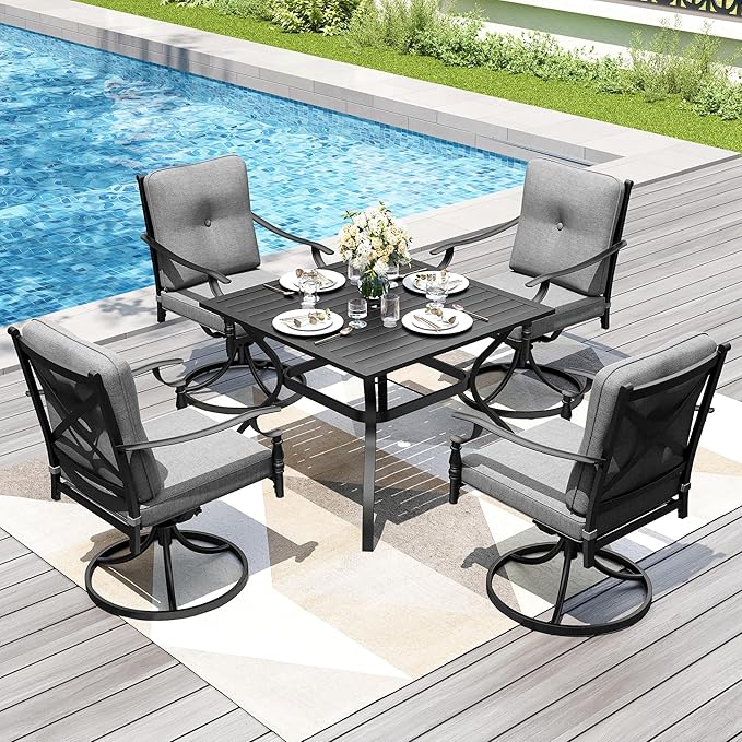 PHI VILLA Outdoor Steel Swivel Dining Chairs Set of 2, Heavy-Duty Rustproof Black Wrought Iron Armchairs with Thick Cushions, Large Seating Furniture for Patio, Deck, Backyard, Porch