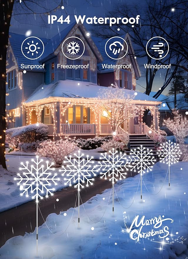 Brightown Large Snowflake Pathway Lights,10-Pack 34" Outdoor Snowflake Christmas Lights Decor for Yard, 8 Modes Sidewalk Marker Stake for Driveway Walkway, IP44 Waterproof, Cool White