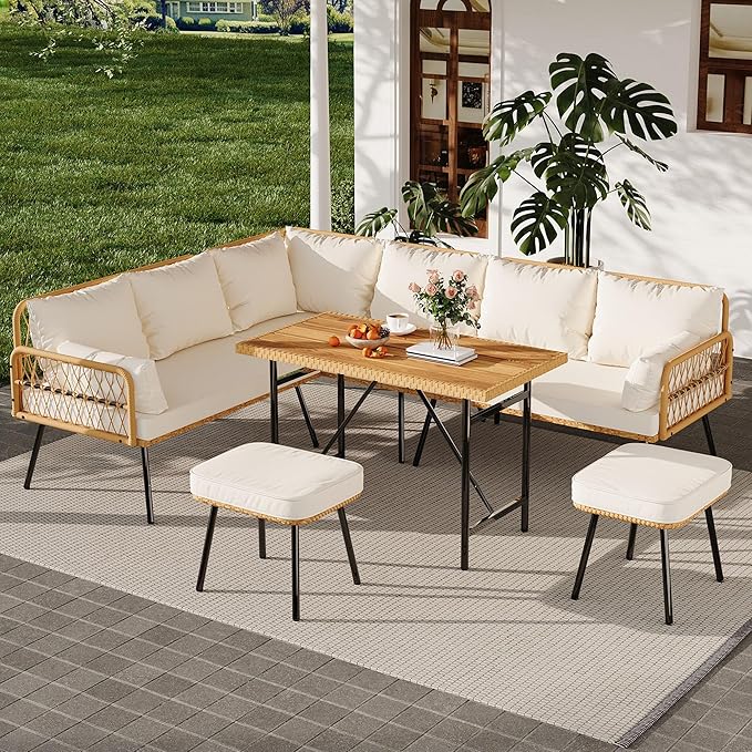 GarveeLife 6 Pieces Patio Furniture Sets Wicker Outdoor Sectional L-Shaped with Cushions & Wood Dining Table and Chairs Set, Boho Rattan 8 Seater Conversation Sets for Balcony, Backyard, Beige