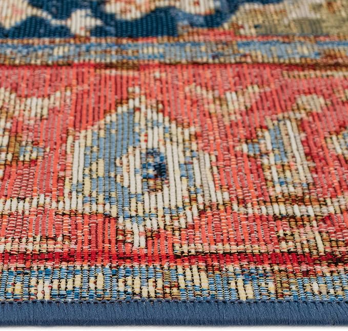 Liora Manne Marina Indoor/Outdoor Power Loomed Synthetic Blend Low Profile Area Rug - Traditional Border Casual Medallion Colorful (Heriz Red) (8'10" x 11'9")