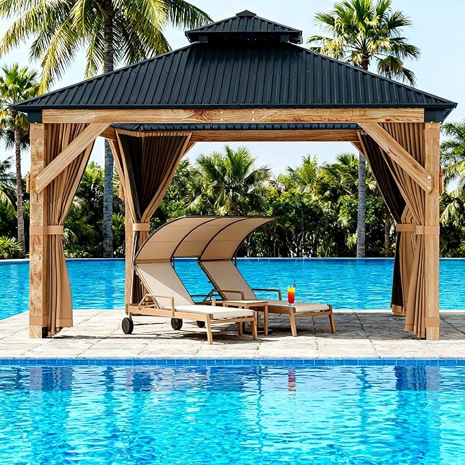 10x12 FT Hardtop Wooden Gazebo with Galvanized Steel Double Roof, Aluminum Frame, Mosquito Netting & Curtains – Durable Outdoor Pavilion for Patio, Backyard, Deck & Lawn