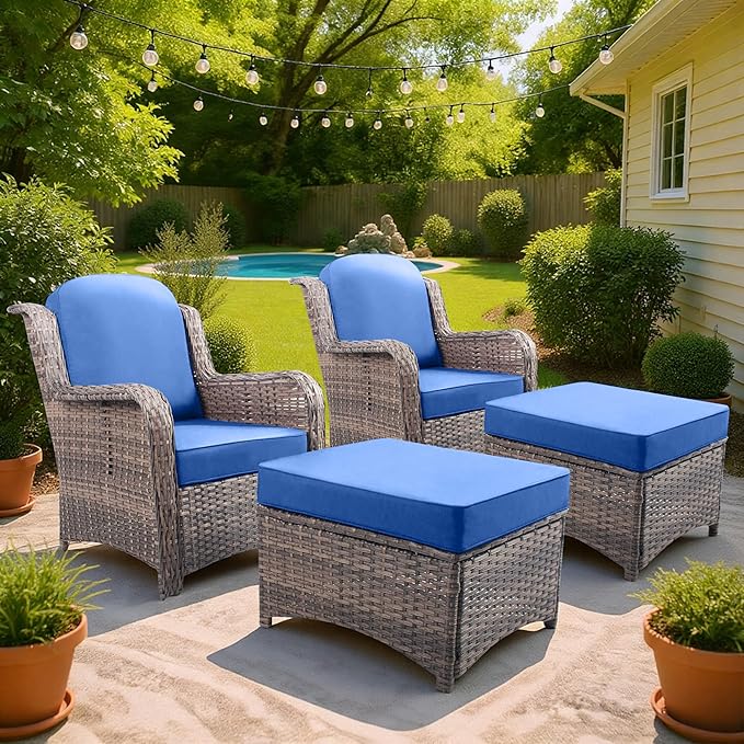 4 Pieces Patio Furniture Sets - High Back Outdoor Chairs with Ottomans, All Weather Wicker Furniture Seating Set with Thick Cushion for Porch Balcony Deck Yard, Blue
