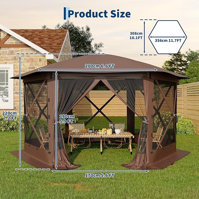 GarveeLife 11.5x11.5FT 6-Sided Pop Up Gazebo Tent，One-Push Setup Canopy Tent with Mesh Panels & Removable Wind Cloths, Outdoor shelter for Camping, Backyard Parties, Outdoor Events - Beige & Khaki
