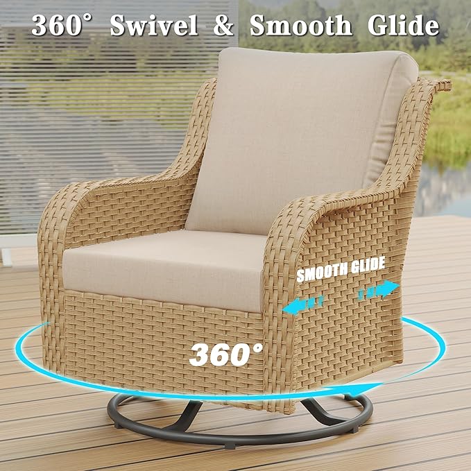 6 Piece Patio Furniture Set with Swivel Chairs, Side Table & Ottomans, Outdoor Patio Conversation Set with Comfortable Cushions for Backyard, Deck, Porch, Poolside - Beige Wicker with Cushions