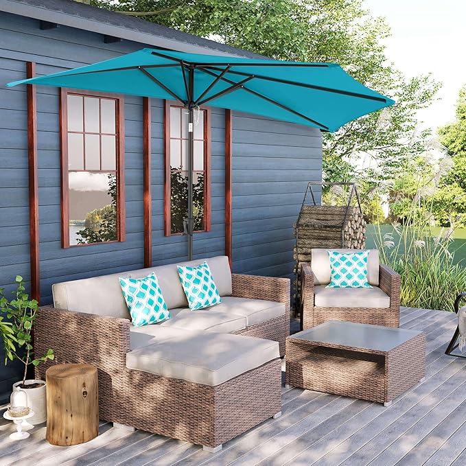 FLAME&SHADE 9ft Half Patio Umbrella - Half Outdoor Umbrella with Tilt UV Protection Waterprool, Half Round Table Umbrella for Wall Balcony, Pool, Porch, Garden, Deck, Market, Backyard (Aqua Blue)