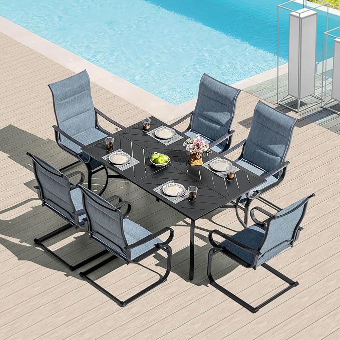 NUU GARDEN 7-Piece Outdoor Patio Dining Set with 6 Padded Textilene C-Spring Chairs and 61 x 37 Inch Table with 1.8 Inch Umbrella Hole for Patio Deck Garden Backyard Indoor Outdoor Use Black Blue