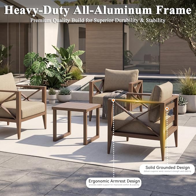 2 Piece Aluminum Patio Furniture Set, Modern Outdoor Patio Conversation Sets with Ergonomic Armhairs, 6" Thick Washable Cushions for Balcony, Porch, Backyard,Brown