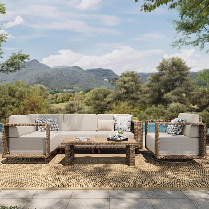 HERA'S HOUSE Patio Sectional Furniture Set with Swivel Chairs, L Shape Modular Outdoor Conversation Set with 10" Thick Cushion, 5 Seats Yellow Rattan Wicker Sofa for Deck Yard Lawn