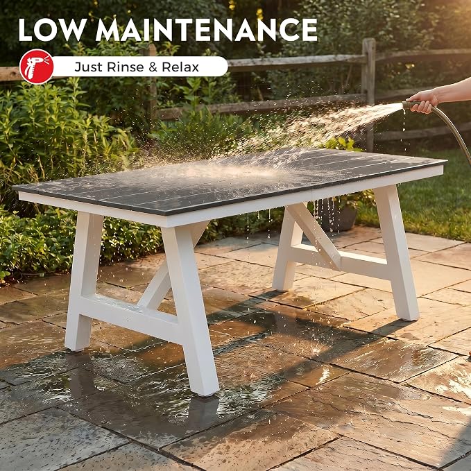 Costaelm Outdoor Dining Tables for Patio, 72" Rectangle 6-Person HDPE Dining Table with Umbrella Hole and Metal Frame for Outside, Garden, Poolside, Backyard, Porch, Balcony, Gray