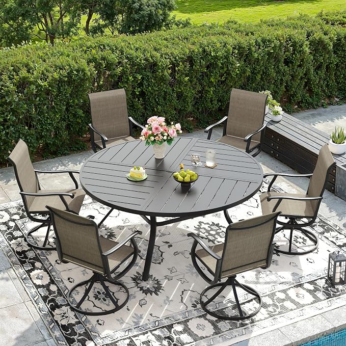 DIFY Patio Table and Chairs Set for 6, 7 Piece Outdoor Dining Set Includes 53.1" Black Round Metal Dining Table with Umbrella Hole and 6 Brown Textilene Swivel Patio Chairs, for Garden Backyard Deck