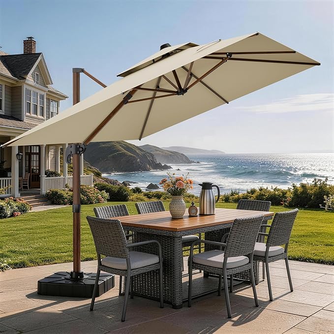10x13FT Cantilever Outdoor Patio Umbrellas, Double Top Wood Pattern Rectangle Umbrella, Heavy Duty 360°Rotation Offset Umbrella for Garden Deck Pool Patio, Beige