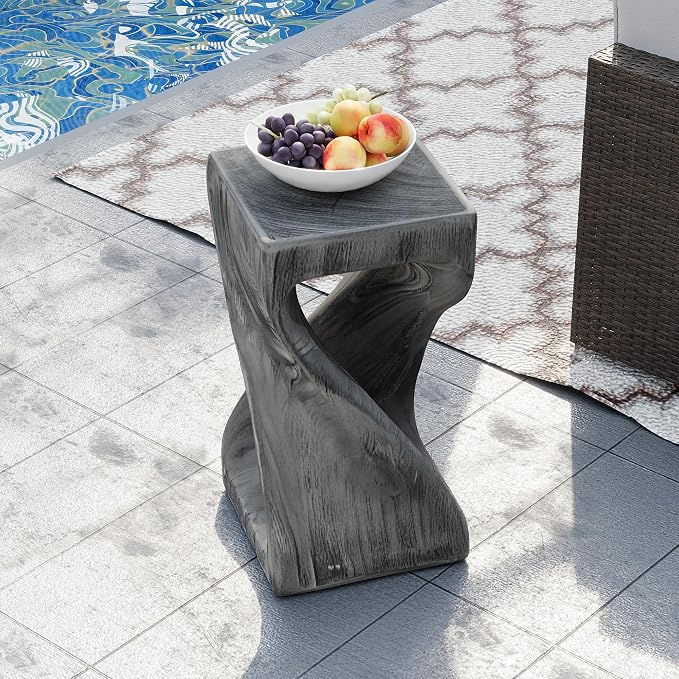 HOMPUS Outdoor Side Table w Twisty Shape, Concrete Accent End Table, Faux Wooden Patio Side Table Lightweight MgO, Modern Vintage Plant Stand Garden Tool for Indoor Outdoor Use, Color Grey