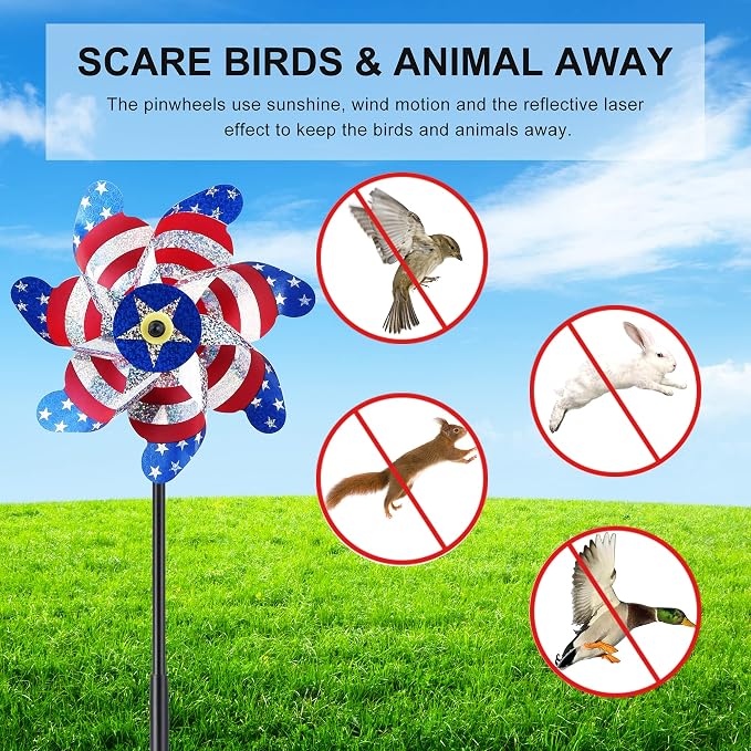 BATTIFE Preassembled Reflective Pinwheels for Yard, American Flag, 10 Pack | Sparkly Reflective Material Spinner, Spins Best in Steady Wind, Animal-Deterrent Results Vary by Placement and Conditions