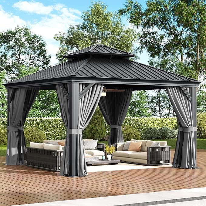 Aoxun Hardtop Gazebo 12x12 with Gutter, Upgraded Wider Aluminum Outdoor Gazebo with Galvanized Steel Double Roof, Patio Permanent Metal Pavilion with Netting and Privacy Curtain