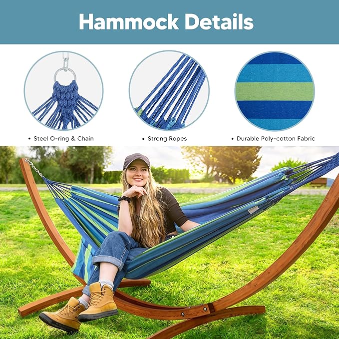 SUNCREAT Hammocks Double Hammock with 10 ft Wooden Stand Included, Outdoor Hammocks for Outside, 475 lbs Capacity, Green