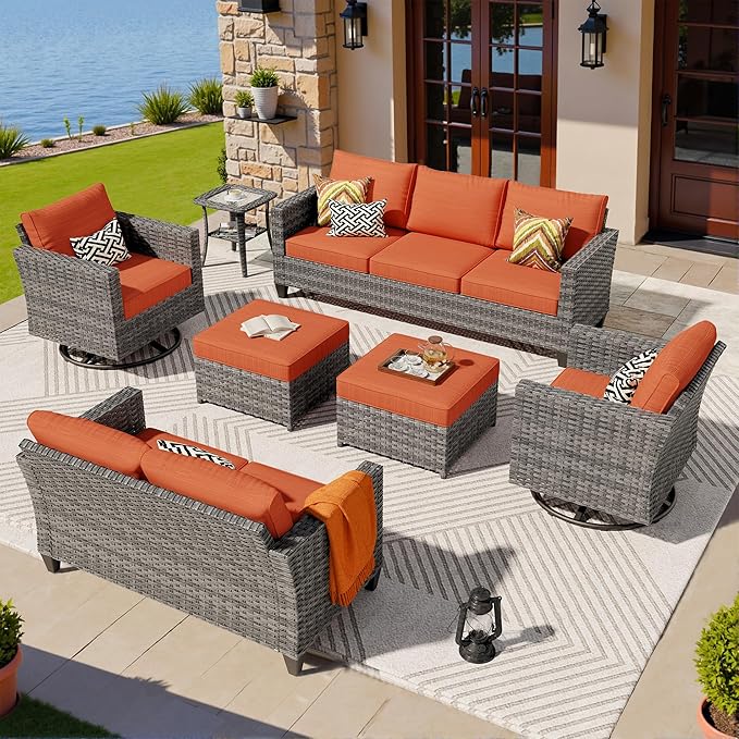 ovios 7 Pieces Patio Furniture Set, Outdoor Wicker Sofa Couch with Swivel Chairs, Rocking Glider Rocker with Comfy Cushions All Weather Rattan Conversation Set, Orange Red