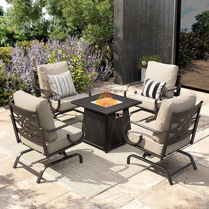 Sophia & William Patio Conversation Set for 4, 4 Rocking Chairs and a 28" Square Fire Pit Table, Metal Outdoor Furniture with 5.75" Extra Thick Cushions, Beige