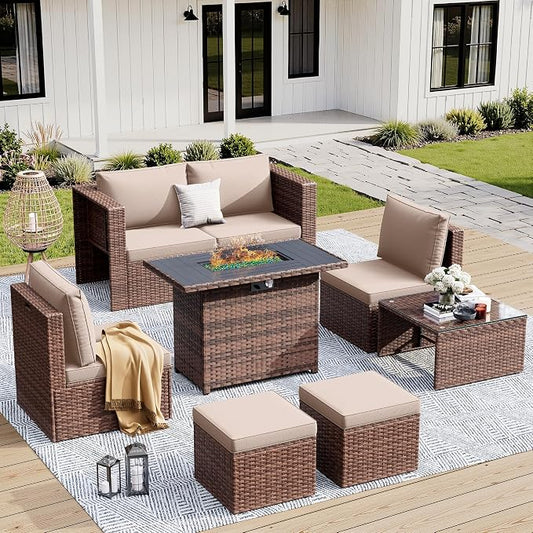 Amopatio Patio Furniture Set with Fire Pit Table, All-Weather Wicker Outdoor Conversation Sofa Set with Glass Coffee Table, Cushions & Ottomans for Deck Backyard Porch Lawn Brown/Khaki