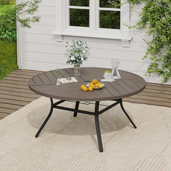 VICLLAX Patio Dining Set, 53.1" Grey Table & 6 Chairs with Wheat Cushion | Outdoor Table and Chairs Set of Round Metal Patio Table, Outdoor Dining Chairs with Metal Frame, Garden Deck Porch