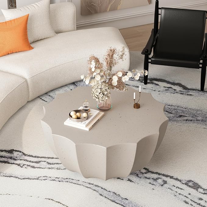 35.43" Faux Stone Coffee Table Round for Indoor or Outdoor Concrete Coffee Tables MgO Cement Center Tables for Living Room, Patio, Garden, Backyard, Balcony, Waterproof，White Bowl