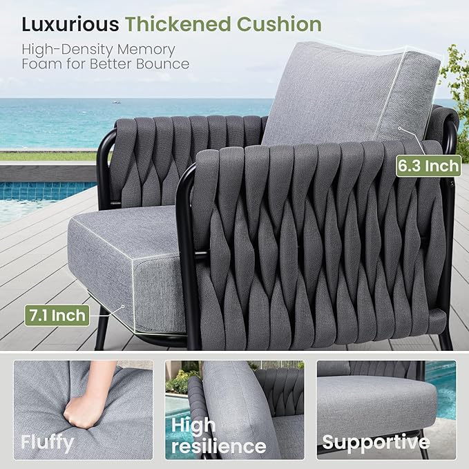 Patio Furniture Set, 4-Seat Outdoor Sofa Furniture Deep Seating with Coffee Table, Metal Patio Conversation Sets with Waterproof & Extra-Thick Cushions for Garden, Poolside, Backyard