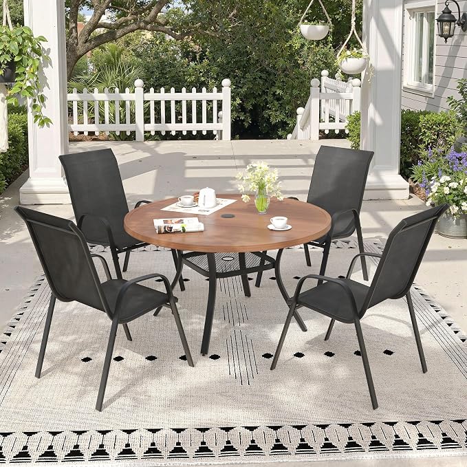 5 Pieces Outdoor Dining Set, 40.6" Round Table with Umbrella Hole & Stackable Patio Dining Chairs, Patio Table and Chairs Set for Deck Garden Porch, Black Chairs & Walnut Table