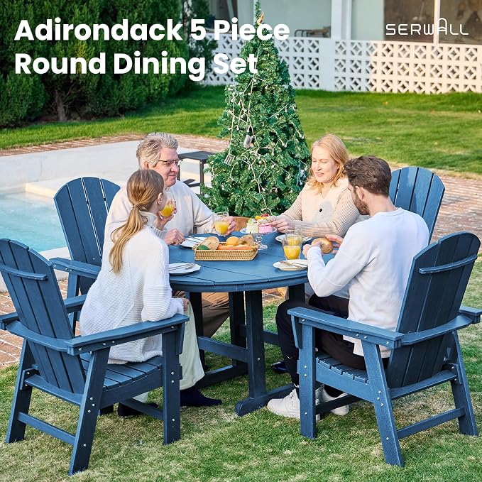 SERWALL 5-Piece Patio Dining Sets, HDPE Outdoor Table and Chairs Furniture Set, 45" Round Dining Table and 4 Adirondack Dining Chair, Navy