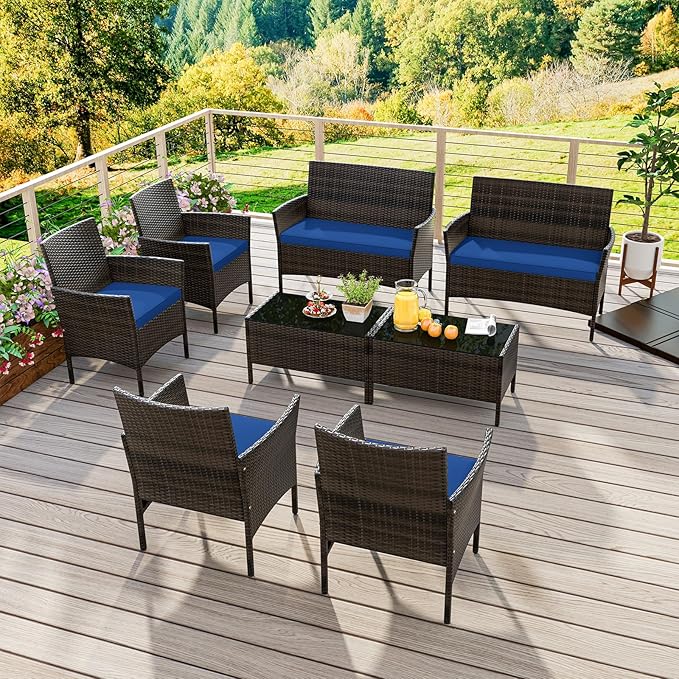 HAPPYGRILL 8 Pieces Outdoor Rattan Conversation Set, Patio Wicker Furniture Set with Loveseat Chairs & Tempered Glass Coffee Table, Outside Sectional Sofa Set for Backyard, Garden Poolside