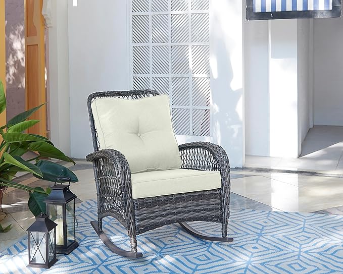 Manhattan Comfort Fruttuo Outdoor Rocking Chair with Removable Waterproof Cushions, Made of Steel Rattan, Weather-Resistant Patio Rocker with Curved Edge and Sturdy Steel Frame, Cream