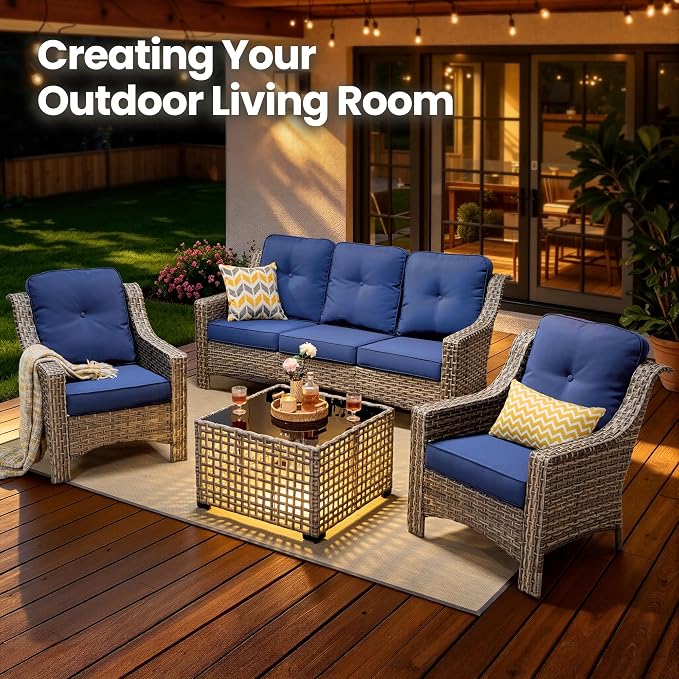 4 Piece Patio Furniture Set with Solar Light Coffee Table, Heavy Duty Wicker High Back Sofa Chairs with Thick Cushion, Small Outdoor Conversation Sets for Backyard Garden Porch, Navy Blue