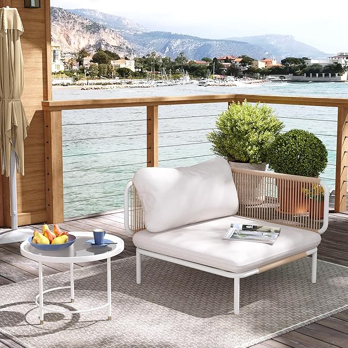 Patio Furniture Set, Outdoor Patio Furniture Oversized Metal Single Sofa, 1-seat Conversation Set with Cushion for Indoor and Outdoor, White Frame and Beige Mat (1 Seat 2 Armrests)