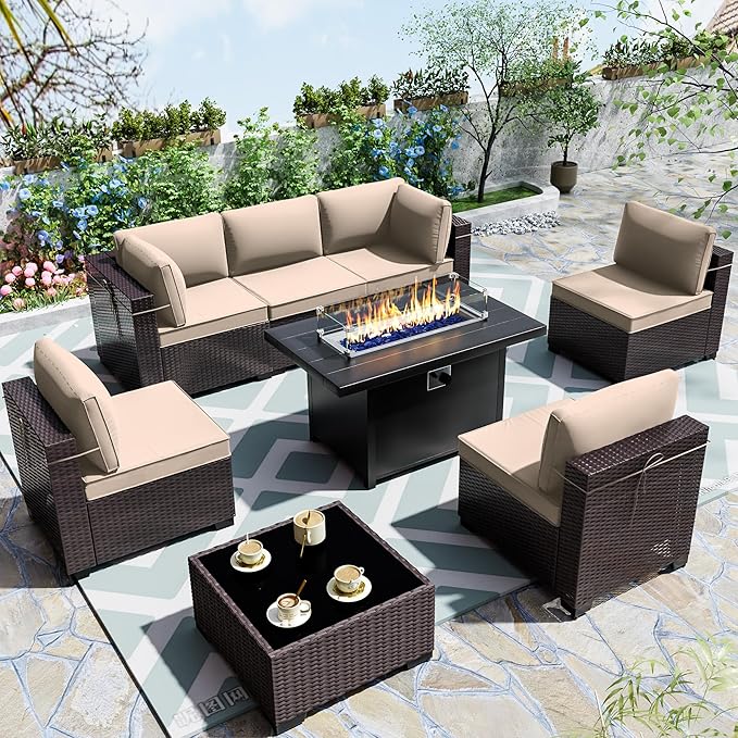 Outdoor Terrace Furniture Set, 8 Piece Outdoor Furniture Set, with 43 inch Aluminum 55001 BTU Propane fire Pit, PE Willow Vine Terrace Dialogue Set - Brown.