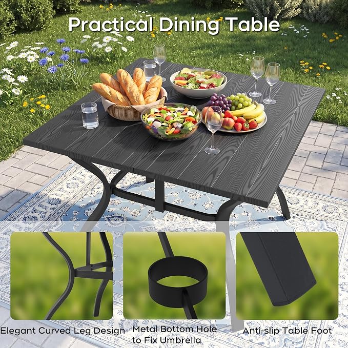 37.8'' Outdoor Dining Table for 4, Black Metal Patio Dining Table with 1.97'' Umbrella Hole,Anti-Rust Waterproof Square Table for Porch Deck Poolside Garden Backyard