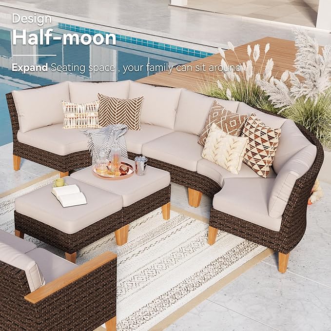 GREEN PARTY 9 Pieces Wicker Patio Furniture Set, All-Weather Outdoor Rattan Half-Moon Curved Patio Sectional Sofa Conversation Set 9 Seats for Garden, Backyard, 2 x Ottomans