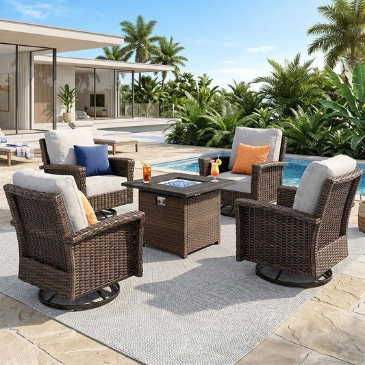 HERA'S HOUSE 5-Piece Patio Furniture Set with Outdoor Swivel Chairs & Fire Pit, High Back Wicker Conversation Sets with 5.5" Thick Cushions, All-Weather Deep Seating Sofa, Grey