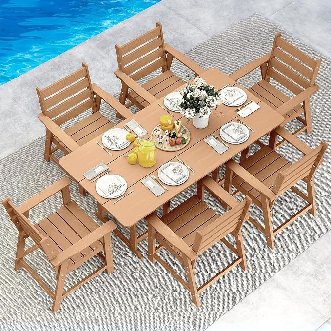 7-Piece Dining Set, HDPE Table & 6 Chairs,Cedar | HDPE Dining Set: 69.1" Table + 6 Chairs, 380 lbs, 304 Stainless, All-Weather, No Rust No Crack, Outdoor Patio Garden