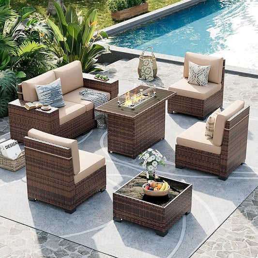 UDPATIO Patio Sectional Sofa with Fire Pit Table, 8 Inch Armrest 7-Piece Wicker Conversation with Waterproof Cover for Backyard Deck, Brown/Khaki