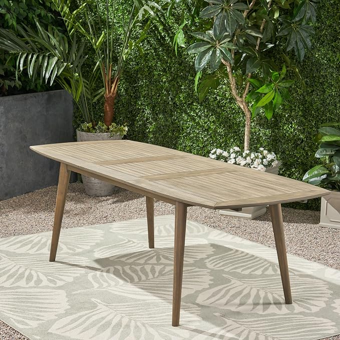 IRONORA Grey Wash Acacia Wood Extendable Patio Dining Table, 94.5 Inch Rectangular Slatted Top Outdoor Farmhouse Table for 6-8 People, Weathered Wooden Table for Backyard Balcony
