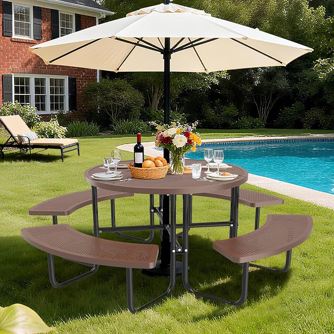 46" Round Metal Picnic Table with Umbrella Hole, Heavy Duty Stainless Steel Outdoor Table, Portable Patio Dining Table for Backyard Garden Picnic (Coffee -Round)