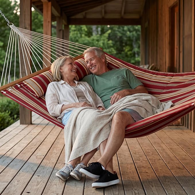 Sunnydaze Quilted Double Hammock for Outside with Spreader Bars and Pillow - 450 lb Capacity, 74x55 Inch Bed, UV Resistant, Quick Dry - Chains Included, Stand Sold Separately - Red Stripe