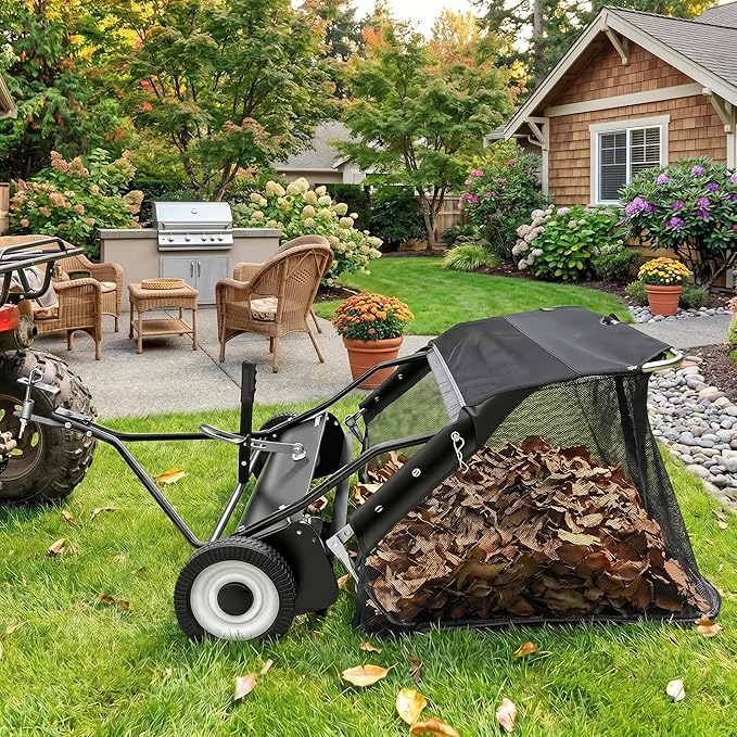 Garvee 44" Tow-Behind Lawn Sweeper – 26 cu.ft. Large-Capacity Pull-Behind Grass & Leaf Collector, Heavy-Duty Adjustable Height, Dumping Rope Design for Easy Debris Disposal, Fits Tractors & ATVs