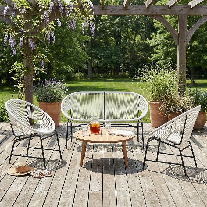 Christopher Knight Home Dessa 4 Piece Patio Furniture Set with Acacia Wood Coffee Table, 4 Seater PE Rattan Outdoor Conversation Set, Metal Outdoor Sectional Sofa Set, Beige+White, White