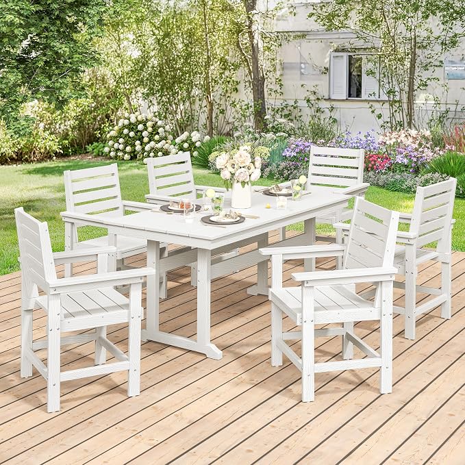 7 Piece Outdoor Dining Set, HDPS Patio Table and Chairs Set, 66" Patio Table with 1.96" Umbrella Hole & 6 Chairs, All Weather Furniture for Garden, Backyard, Poolside (White)