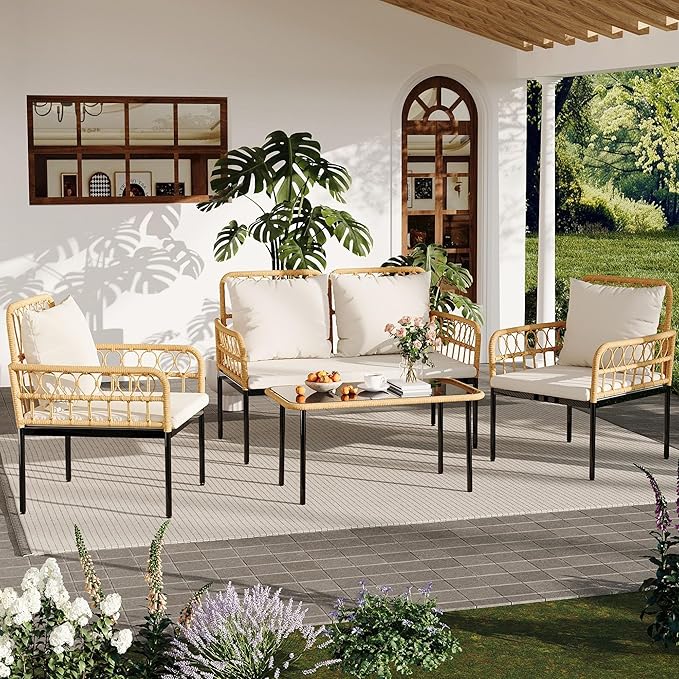 4 Piece Outdoor Patio Furniture Set PE Wicker Loveseat and Chairs with Glass Coffee Table Bohemian Rattan Conversation Set for Patio Garden Balcony