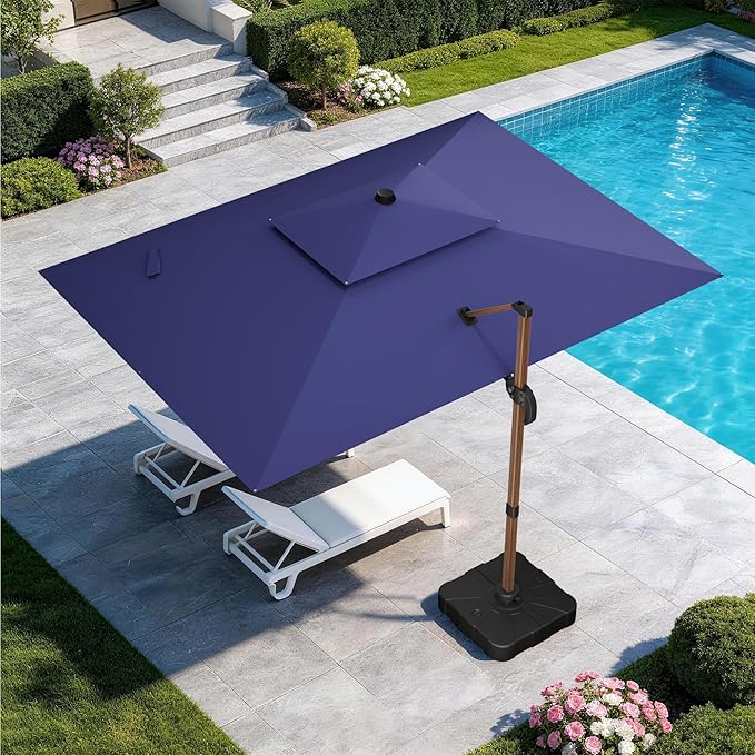 GENTEACO 10x13FT Rectangle Cantilever Patio Umbrella w/Base Included, Deluxe Wood Pattern Pole & 7 Angle Tilts, 360° Rotation, Offset Hanging Market Umbrellas for Garden Pool Patio, Navy Blue